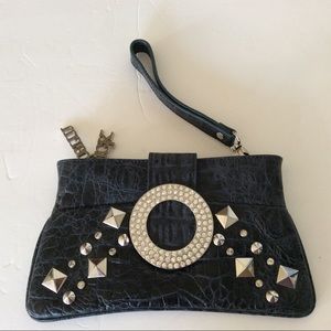 CHARM AND LUCK BLACK LEATHER CRYSTAL CLUTCH WRISTLET